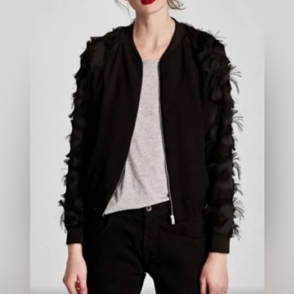 Zara black bomber jacket w fringed sleeves sz S